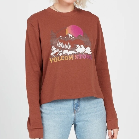NWT Volcom Stone Thermality Long Sleeve Thermal Knit Graphic Top Dark Clay - Picture 1 of 10